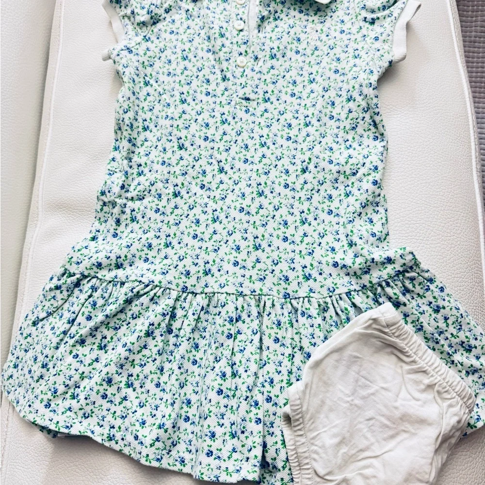 RALPH LAUREN Girls' Floral Stretch Mesh Polo Dress & Bloomers - Baby 18 mo GUC